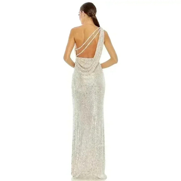 Mac Duggal SEQUINED ONE SHOULDER DRAPED BACK GOWN 2 SILVER 26990 Strappy Slit XS - Picture 2 of 11